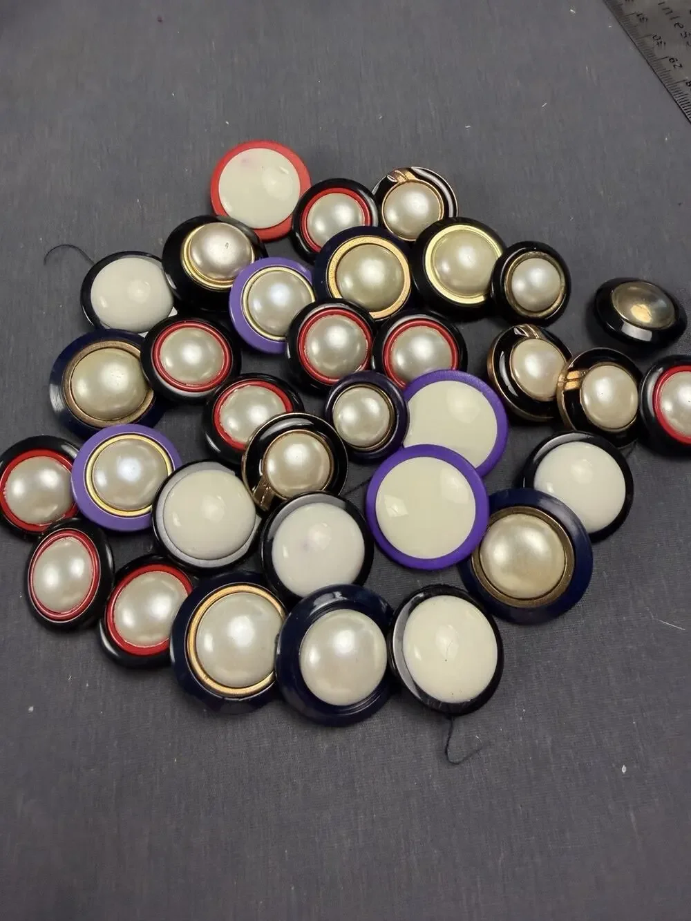 Lot Of 32 Vintage Buttons With Pearl Or White Centers Black Purple Red Gold